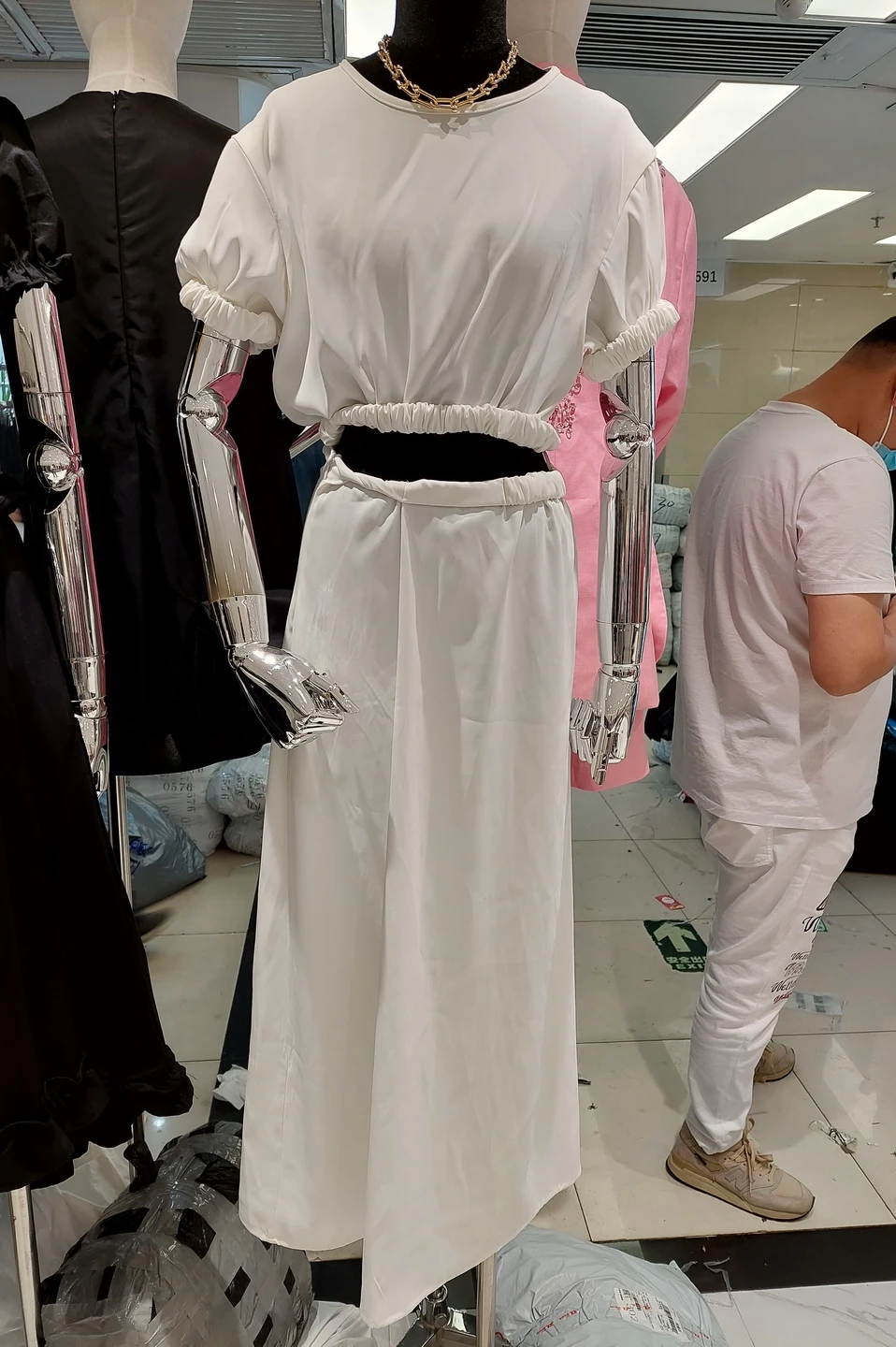 

Hollow Navel Split Fake Two Piece Dress Puff Sleeve Irregular Women Dress Short Sleeve High Waist Dress Summer Female Long Dress