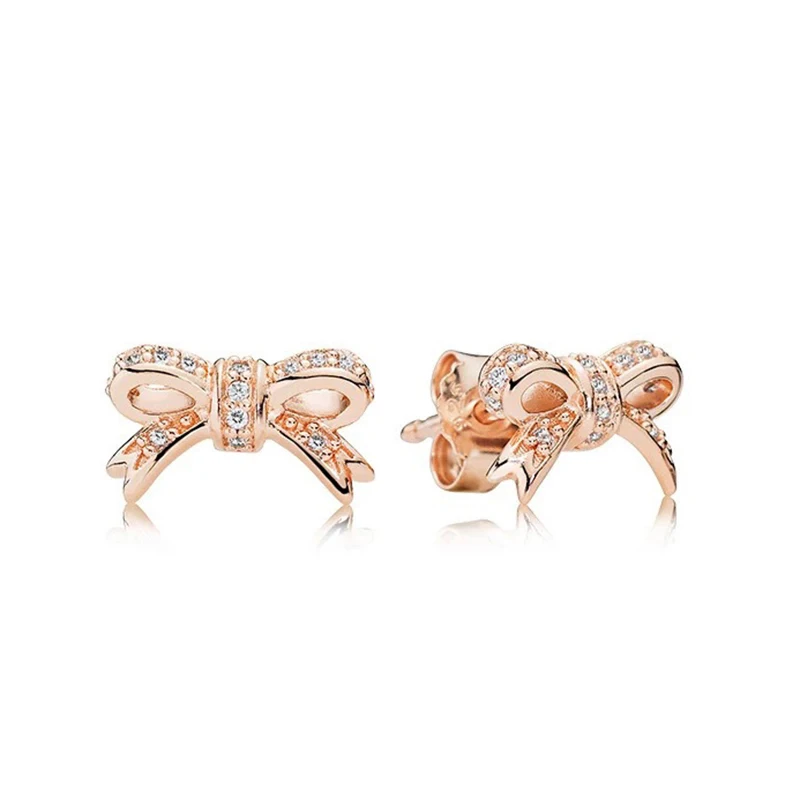 

Original 925 серьги Silver Pan Earrings Rose Gold Bow Pan Earrings For Women Wedding Gift Fashion Jewelry