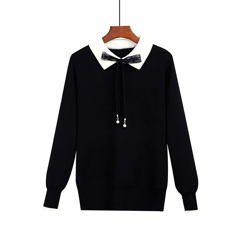 

Милый весенний вязаный свитер в Корейском стиле с воротником-бантом, милые женские топы, уличная одежда, эластичные пуловеры для девочек-по...