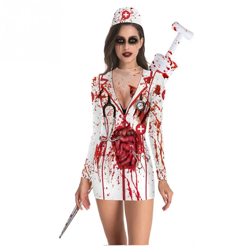 Women Halloween Role Play Dress Long Sleeve Crew Neck Charming Mini Nurse/Ghost Cosplay Costume for Masquerade Performance | Тематическая