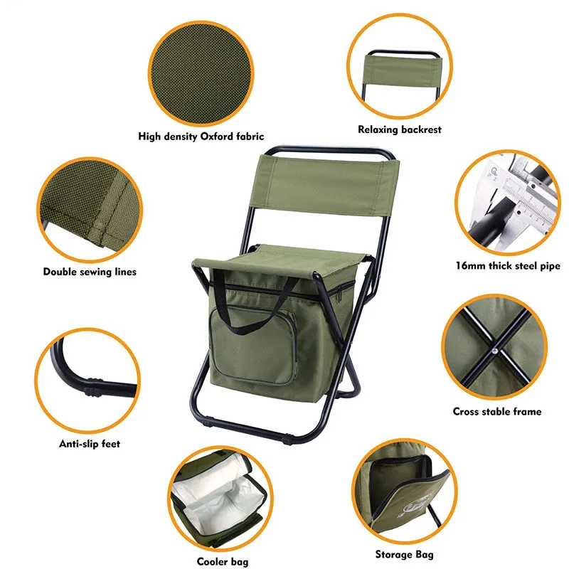 Goede Draagbare Opvouwbare Camping Stoel Met Koeltas Compact Vissen Stoel Lounge Reizen Stoelen Voor Outdoor Schetsen Met Rugleuning