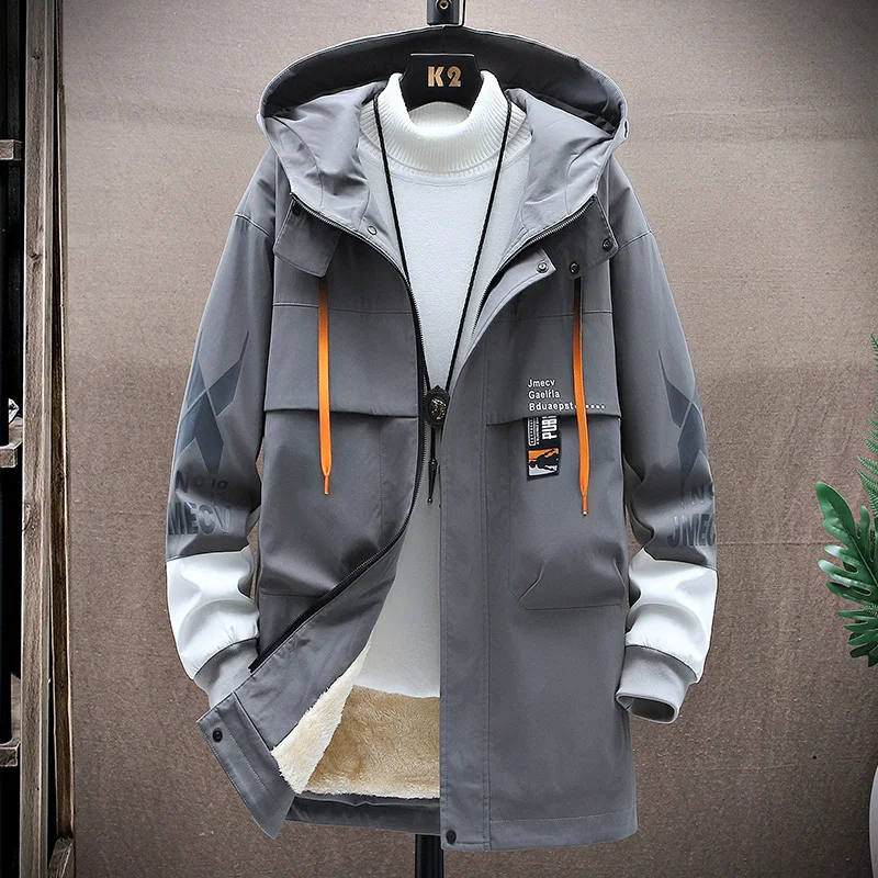 Тренч Мужской приталенный с капюшоном стильное пальто надписью уличная одежда в