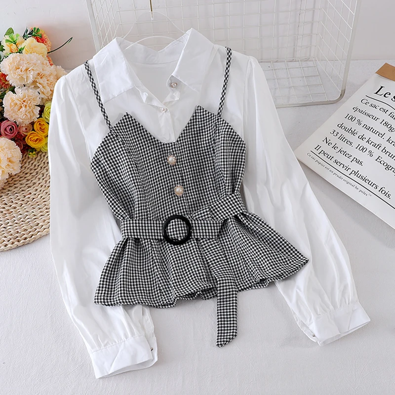 

Spring Autumn Women's Shirt Korean Striped Suspender Solid Color Long-Sleeved Blouse New Fake Two-Piece Tops