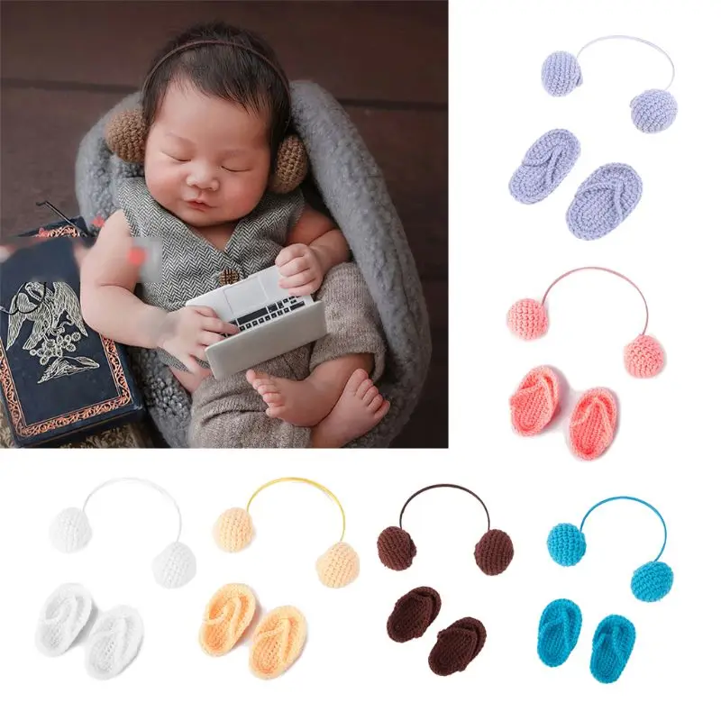 Accesorios de fotograf&iacute;a para reci&eacute;n nacido, zapatillas de ganchillo a mano para beb&eacute; + juego de auriculares, accesorios para fotos de beb&eacute;, zapatos, accesorios de fotograf&iacute;a 900C-5