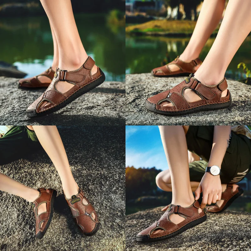 Мужские кожаные сандалии коричневые классические в римском стиле пляжные