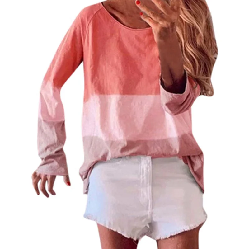 

Fall 2021 hot sale loose and thin gradient color printing round neck long sleeve pullover women's T-shirt