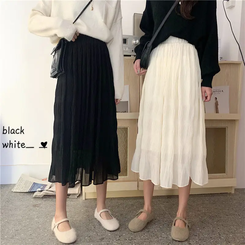 

Women 2021 Summer Midi Long Chiffon Skirt Female Streetwear High Waist Pleated A-line Skirts Ladies Casual Chic Skirt Faldas V13