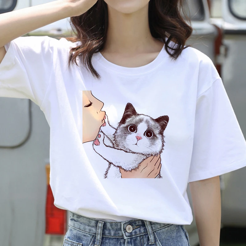 Повседневные футболки с принтом Kiss a Cat для девочек корейские стильные белые