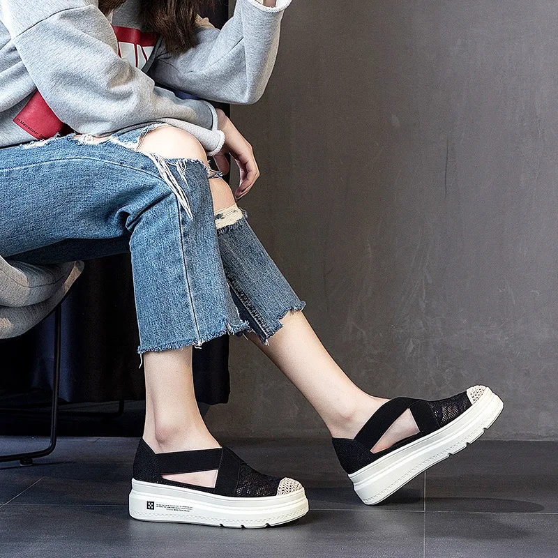 

Summer Ladies' New Comfortable And Breathable Casual Shoes Slope Heel Thick Bottom Hollow Vulcanized Shoes Sports Shoes