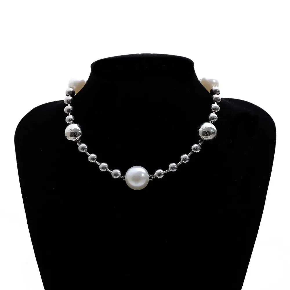 

IngeSight.Z Vintage Silver Color Round Ball Beaded Choker Necklace Statement Imitation Pearl Collar Necklaces for Women Jewelry