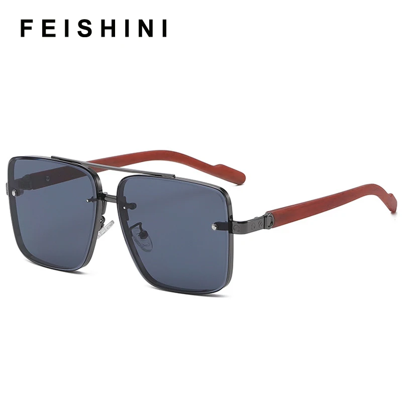 

FEISHINI Imitation Wood Grain Leg Sunglasses Women Retro Rimless Celebrity Square Sun glasses Men Fashion Goggle Eyeglasses COOL