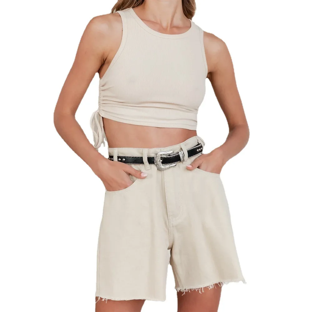 

2021 European American New Thread Tank-Top Spring and Summer Drawstring Solid Color Slim-Fit I-Shape Back