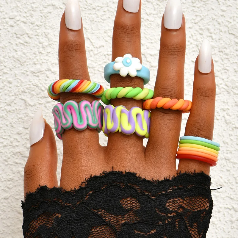 

2021 New Trendy Irregular Colorful Stripe Color Contrast Handmade Clay Ring for Women Fashion Personality Jewelry Gift