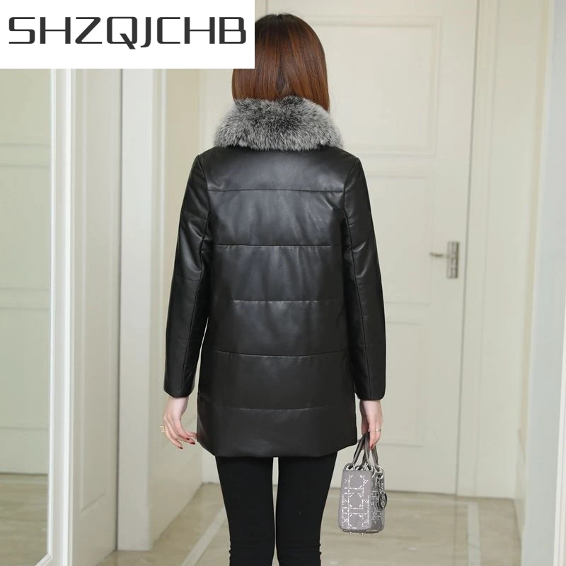 

JCHB 2021 Top Brand Sheepskin Fox Fur Collar Loose Down Coat Women Solid Black OL Winter Genuine Leather Long Jacket Female Warm