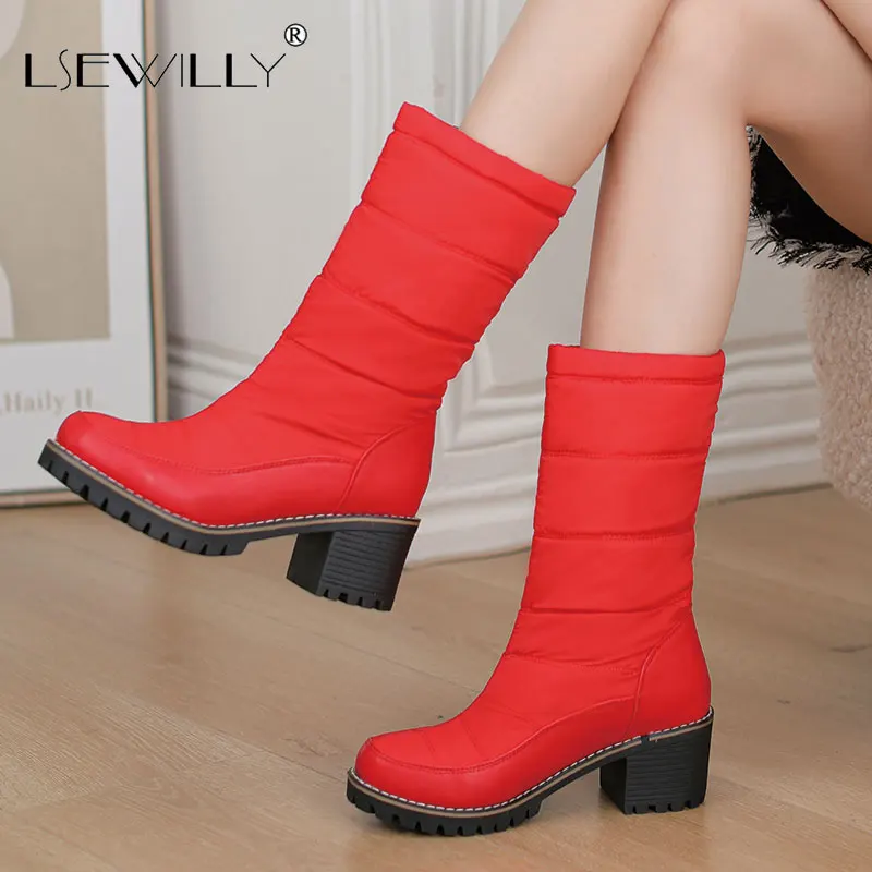 

Lsewilly 2021 Cold Weather Winter Super Warm Faux Fur Plush Lined Down Fabric Womens Shoes Chunky High Heels Mid-calf Snow Boots