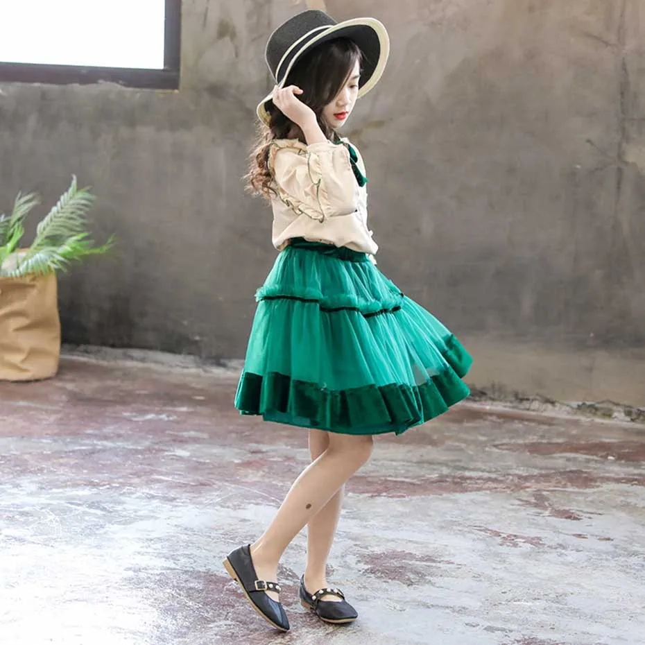 Детская одежда блузка + сетчатая юбка комплект одежды из 2 предметов для девочек в