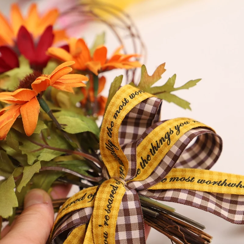 

Christmas Wreath Simulation Sunflower Flower Ribbon Wall HangingThanksgiving Heart-shaped With Battery LED Light Decor