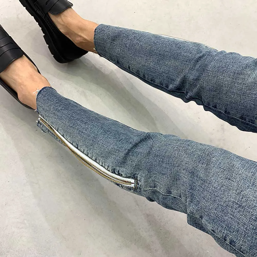 New Fashion Skinny Jeans Men's Casual Denim Streetwear Trousers Ankle Zipper Design Raw Edge Slim Fit Pants Clothing
