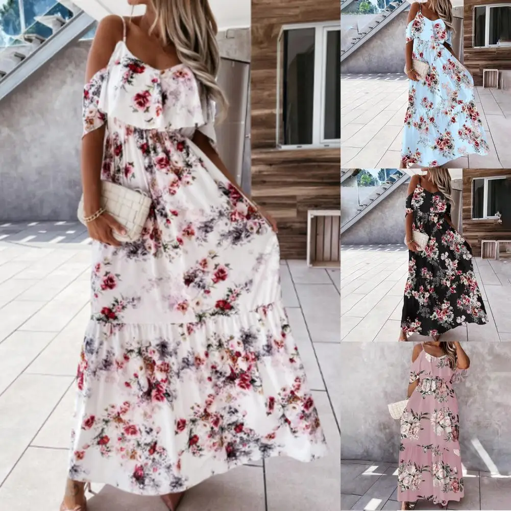 

Streetwear Charming Short Sleeves Floral Print Large Hem Maxi Dress Women Long Dress Large Hem for Date