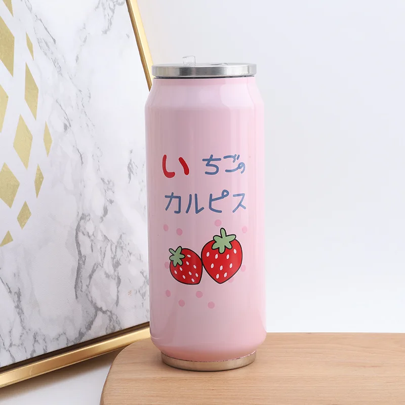 

Cute Strawberry Insulated Water Bottle Stainless Steel Thermos Portable Wide Mouth Can Cup Travel Bottle 500ml
