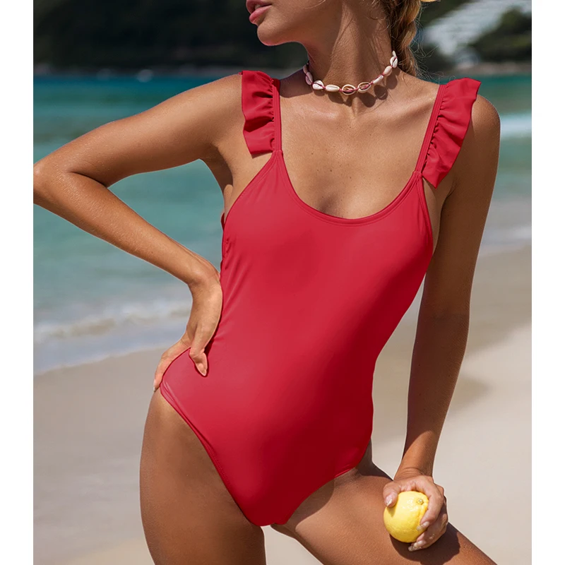 Цельный женский однотонный купальник-монокини с рюшами и открытой спиной