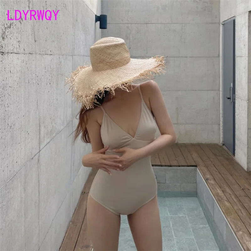 

2021 solid color slimming one-piece swimsuit women retro bikini hot spring vacation Swim Solid COTTON