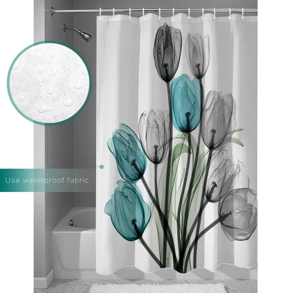

Floral Bath Curtain Thick Fabric Bathroom Curtains Home Decorations for Bathroom White Blue Grey Tulip Flower Shower Curtain