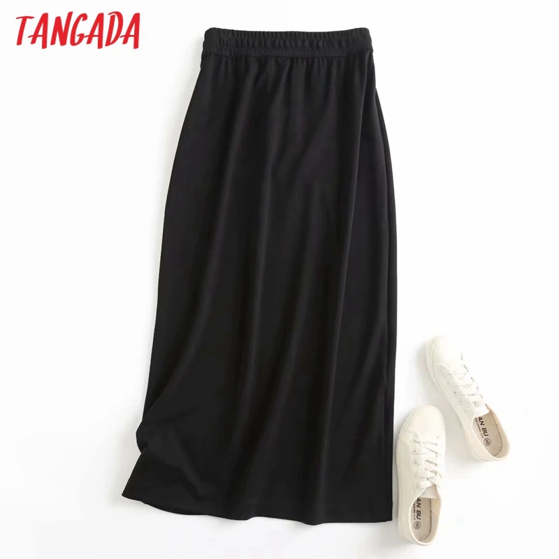

Tangada Women High Quality Black Cotton Midi Skirt Vintage Strethy Waist Ladies Elegant Chic Mid Calf Skirts 4C57