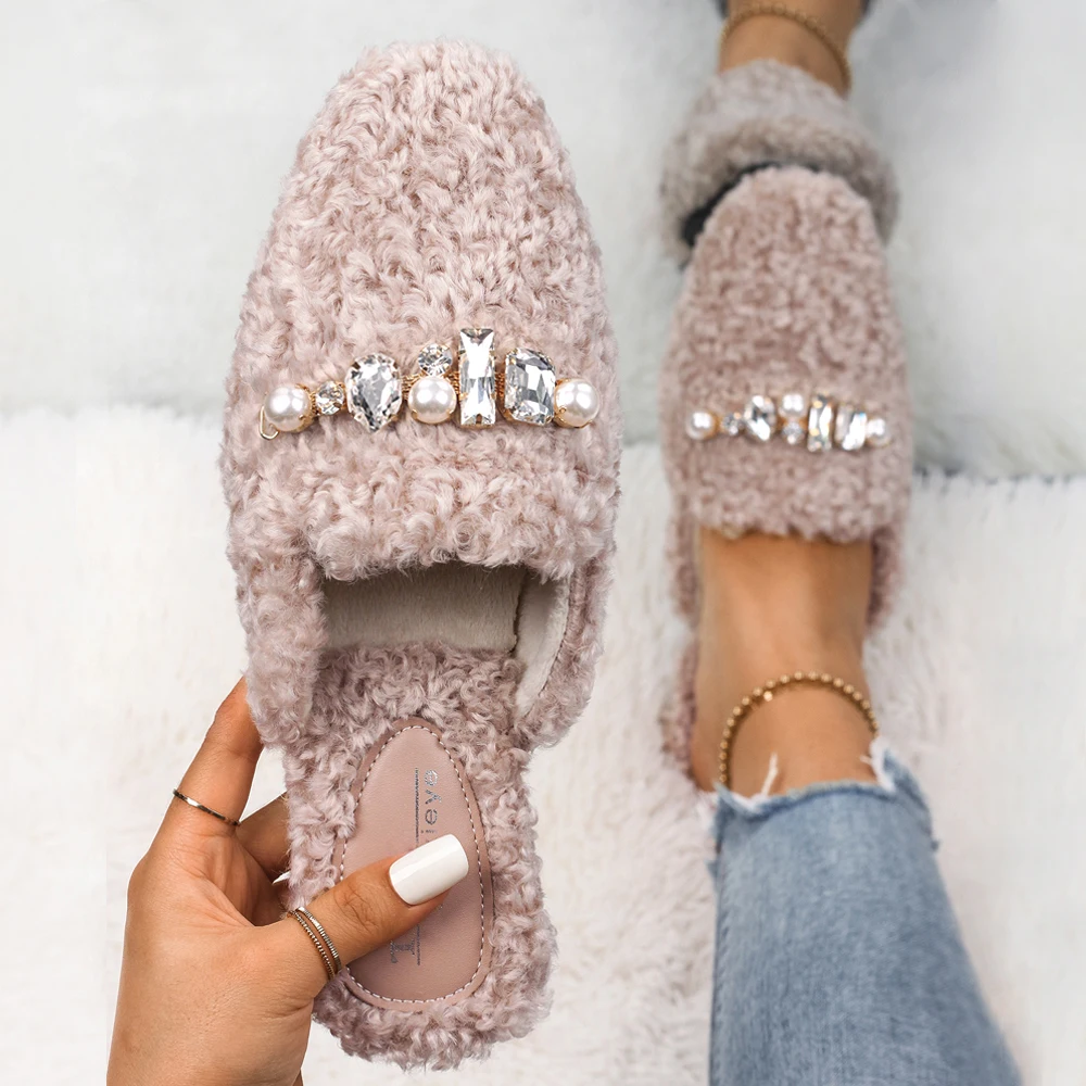 Women's Faux Wool Fur Mules Flats Fashion Loafers Rhinestone Chain Designer Shoes Slippers Pointed Toe Slides Ladies Sandals