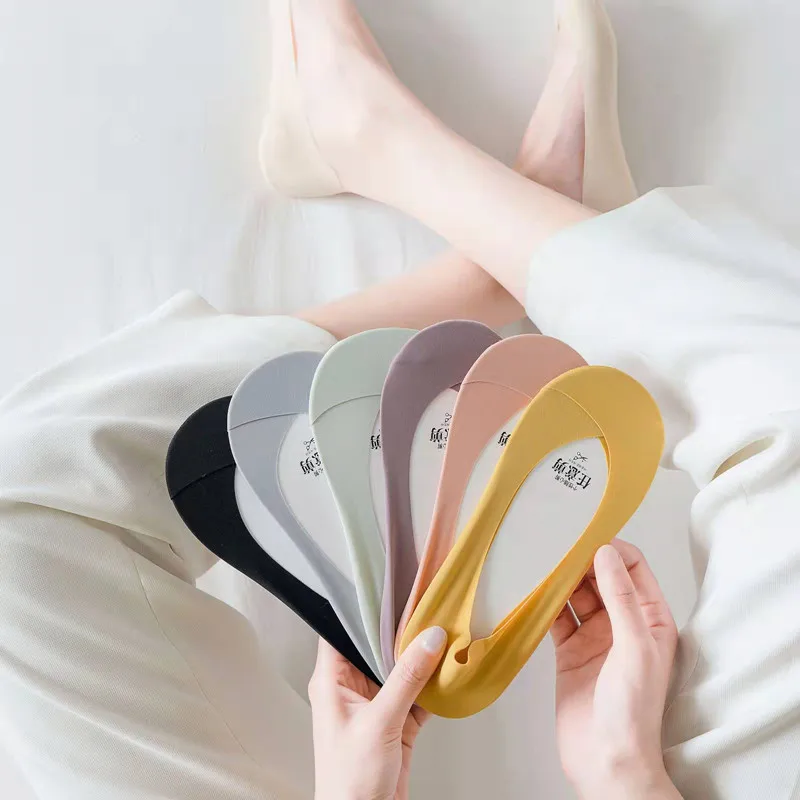 

2022 new Summer Ice silk Intersect invisible socks woman colourful Shallow boat good quality antislip cool cotton Sandal 5 pairs