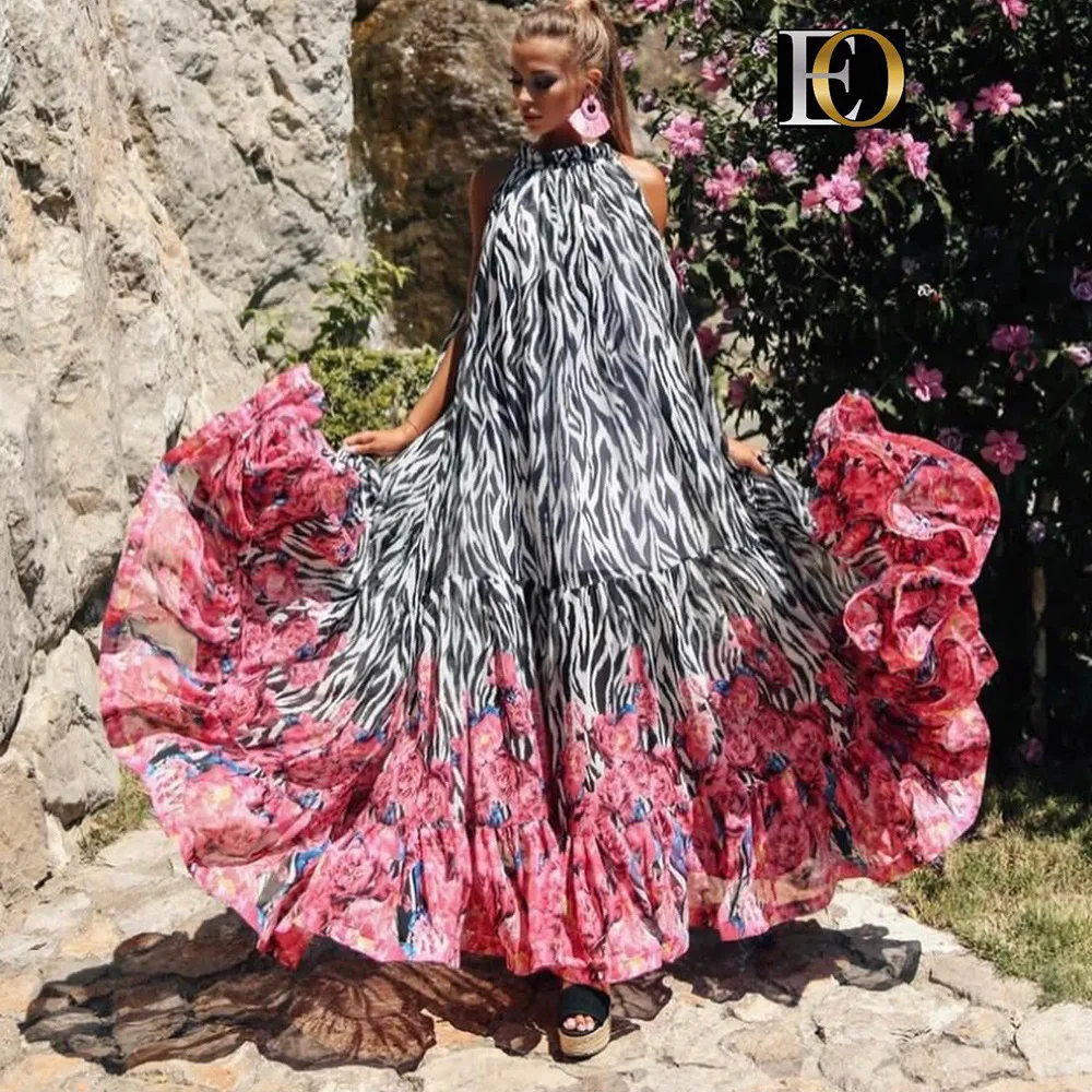 

Elegant Loose Floral Print Female Beach Vacation Long Dress Summer Fashion Sexy Loose Swing Boho Dress Party Dress