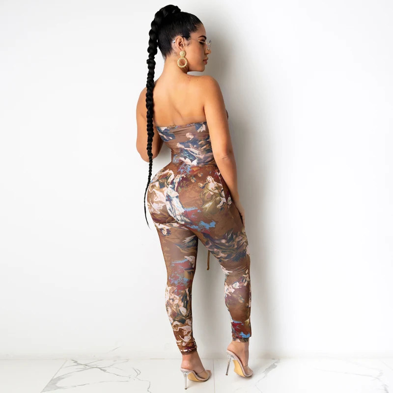 

Zoctuo Vintage Print Sexy Tube Jumpsuit Autumn Winter Bandage Sleeveless Jumpsuits For Women Fashion Streetwear Lace Up Romper
