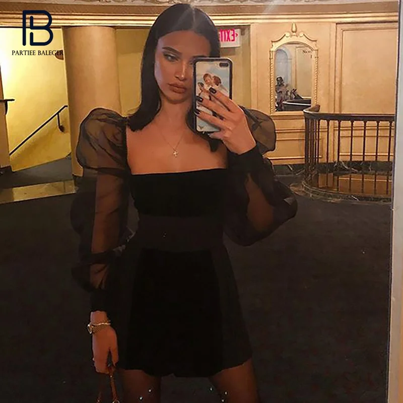 

PB Chic Black Mini Dress Voile Splicing Lantern Sleeves Square Collar Celebrity Party Club Bandage Vestido Free Shipping