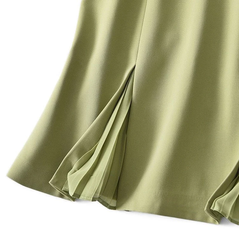 

Office Lady Chic Spliced Pleated Mesh Mermaid Skirt Women Elegant High Waist Knee Length Skirt 2021 New Casual Solid Slit Skirts