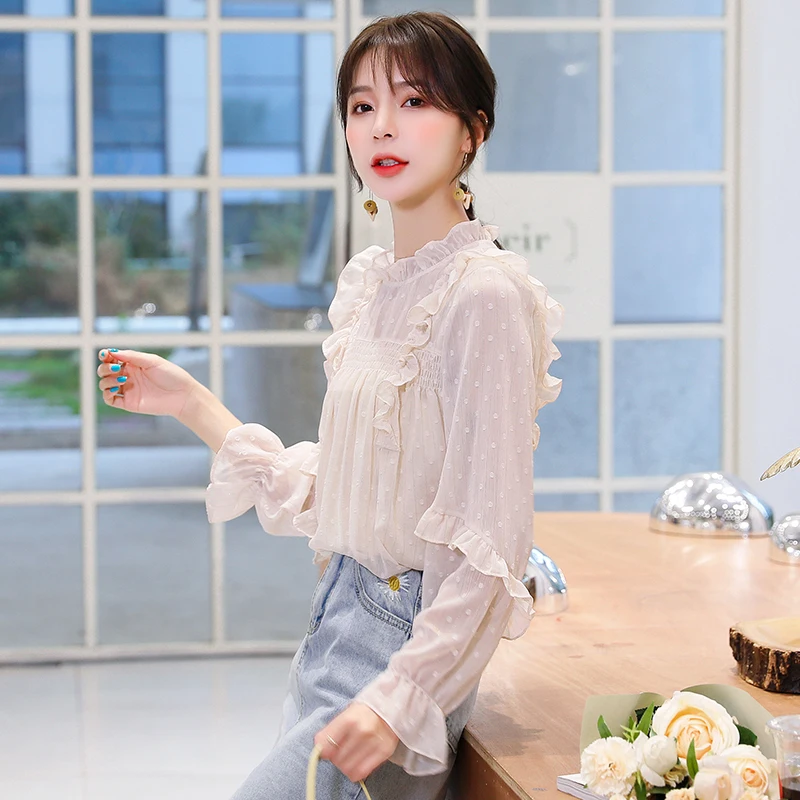 #2052 бежевая прозрачная блузка Женская пикантная Повседневная шифоновая с