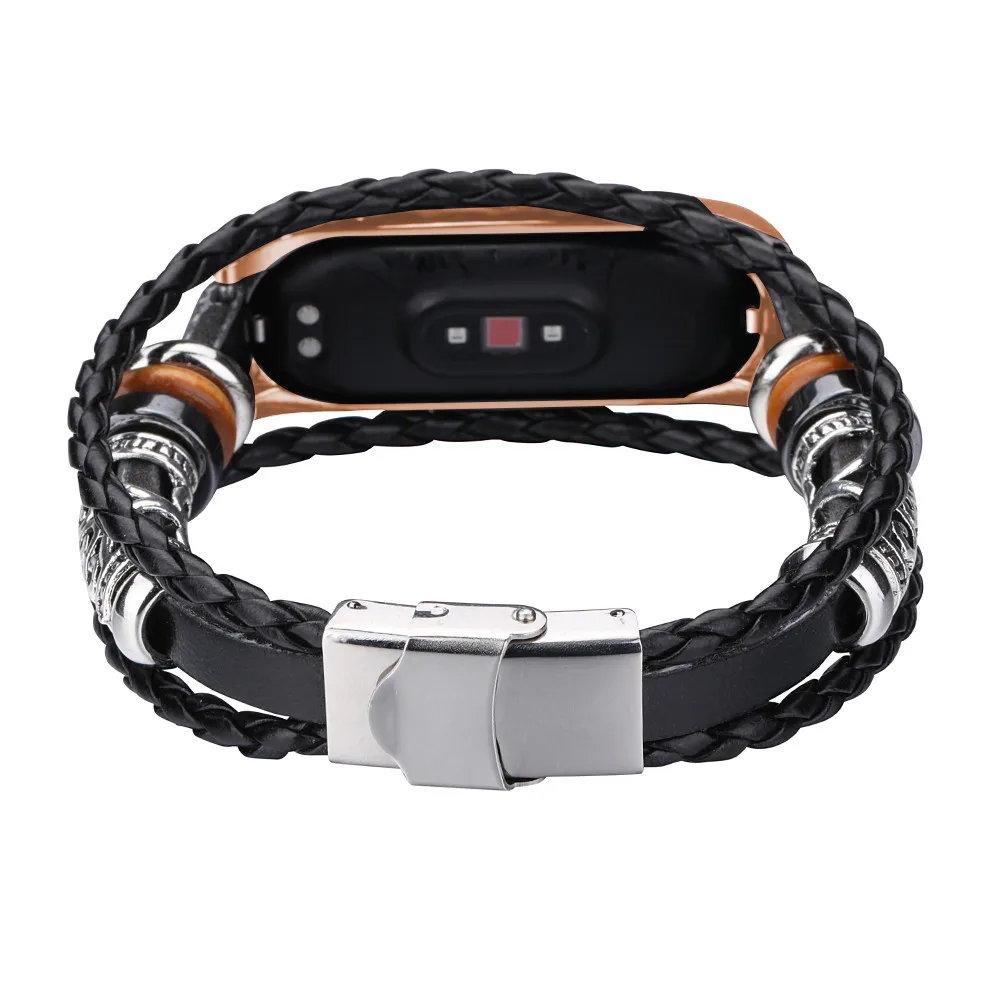 

For Xiaomi Mi Band 5 Replacement Leather-Beading Bracelet Strap Weave-Braided Retro Mi Band 5 Strap Wrist Strap Accessories