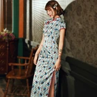 Sheng Coco Элегантное синее платье Qipao, китайский длинный Шелковый чонсам, новинка, цветок Chipao, воротник мандарина 4XL размера плюс, Qi Pao