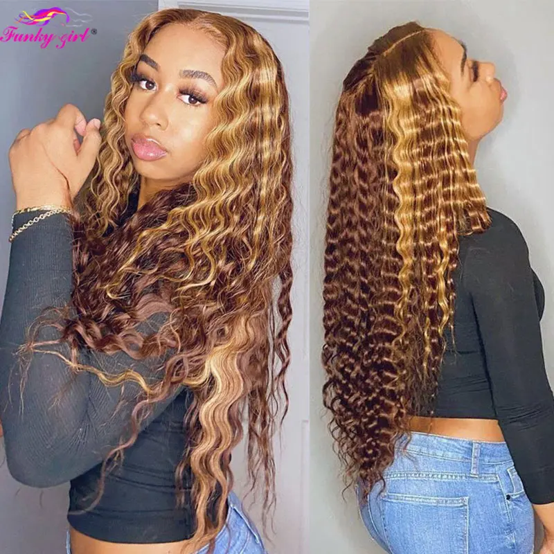 30Inch Highlight Ombre Lace Front Wig Brazilian Curly Human Hair Wigs Honey Blonde Colored Curly Lace Closure Wigs For Women