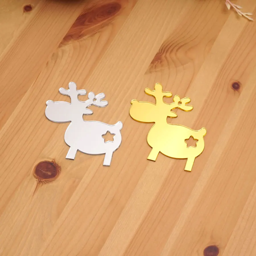 

5pcs Deer Christmas Party Decoration Tags Acrylic Mirror Gold Silver Wood Cartoon Animal Hanging Cards Event Favors Gifts 8cm