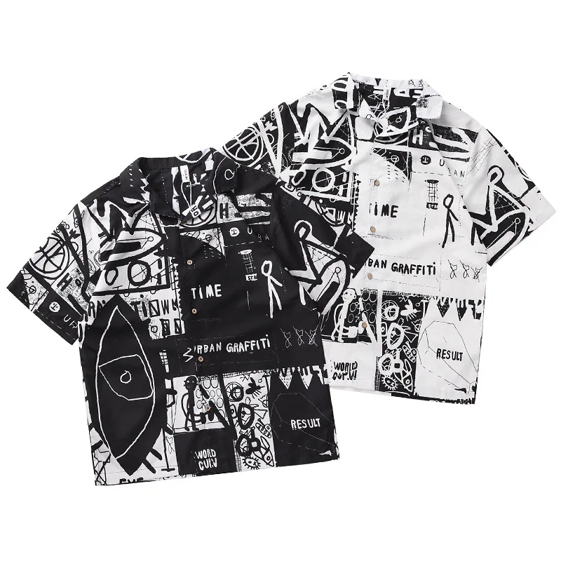 

Fashion Black White Print Men's Short Sleeve Hawaiian Shirt Japanese Harajuku Retro Loose Casual Beach Shirts Summer Clothing