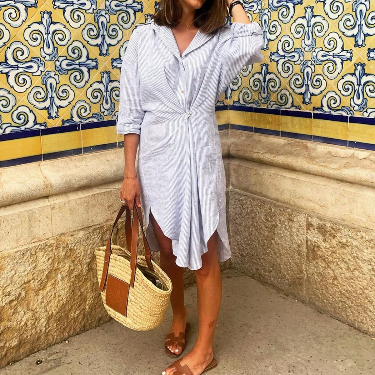 

Платье женское осеннее в полоску, с длинным рукавом и отложным воротником