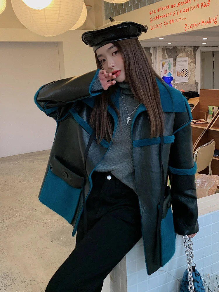 

Двухсторонняя мотоциклетная куртка из искусственной кожи Женская осенне-зимняя меховая новая утепленная бейсбольная куртка 2021