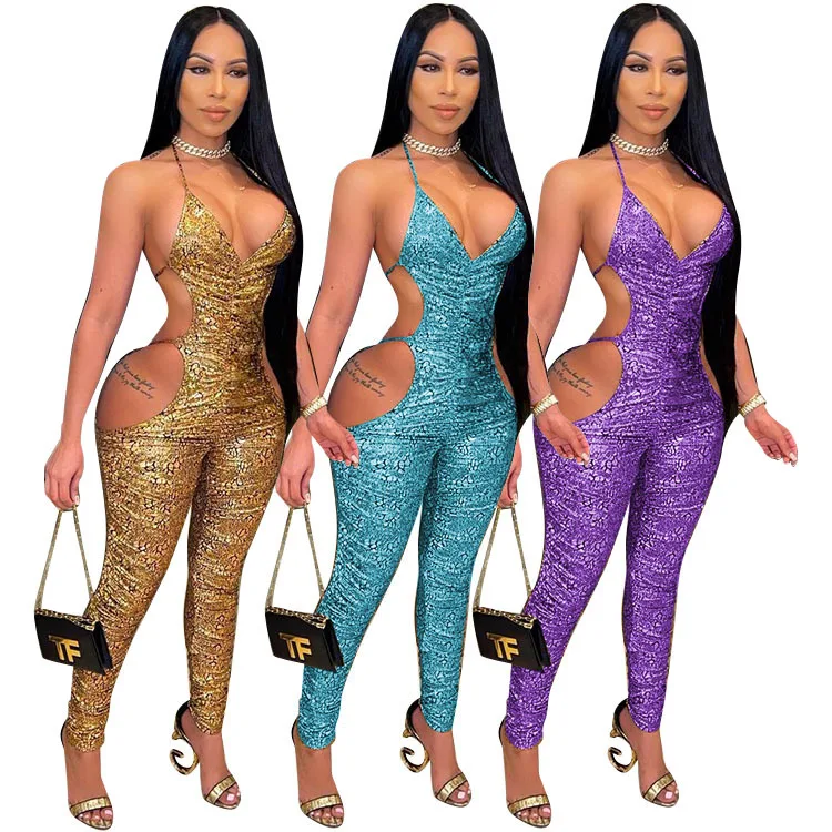

Hottest Women Nightclub Wear Jumpsuits 2021 Summer New Arrivals Halter Lace-up Hollow Out Backless Skinny Shirring Rompers