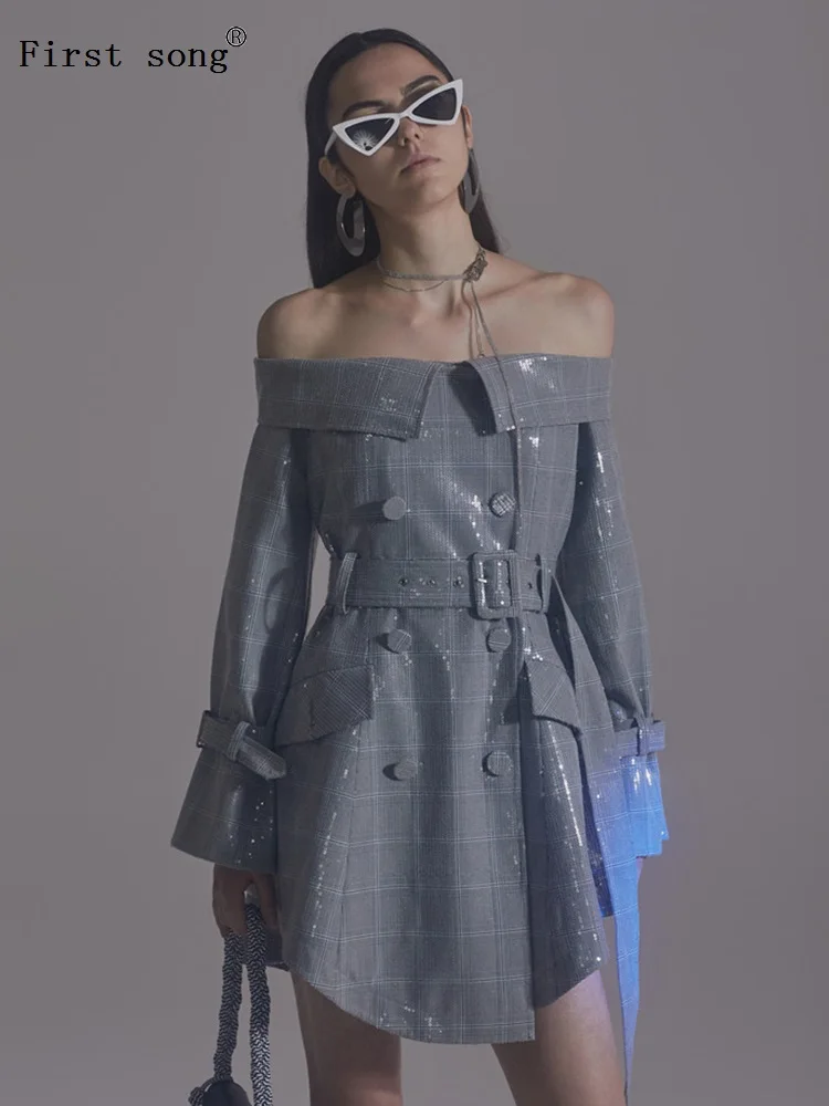 

First song Women's Tight Plaid Sequin Tube Top Sexy Dress 2020New Summer Long Sleeve Double-Breasted Belt Party Women's Dress XL