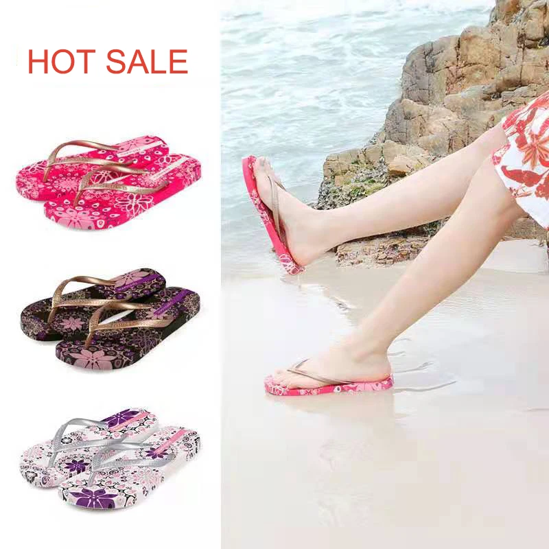 

Fashion Women Summer Flip Flops Bohemia Outdoor Beach Sandals Flats Ladies Casual Slippers Indoor Home Shoes Silver Floral Slide