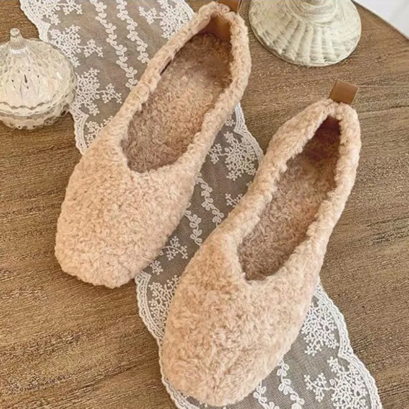 Пушистая обувь Женские Простые и удобные меховые туфли на плоской подошве с