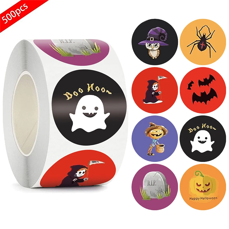 

Cute Ghost Halloween Sticker for DIY Gifts Packing Decor 500pcs/roll Halloween Party Candy Bags Kids Child 1 Inch Round Stickers