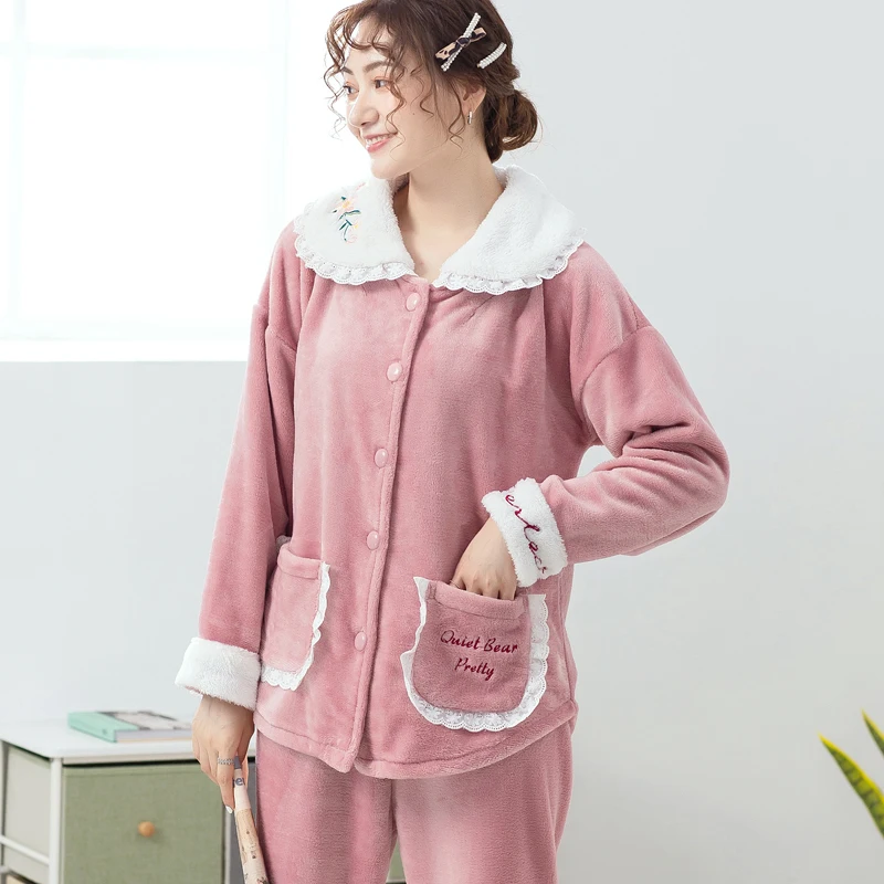 Теплый зимний женский пижамный комплект толстая Фланелевая пижама с длинными