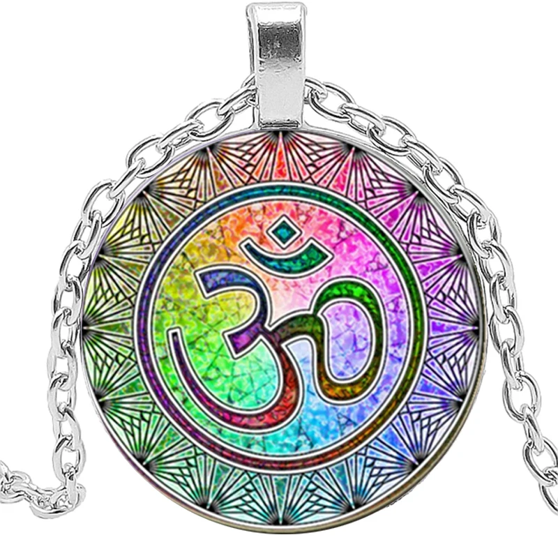 

Indian Sanskrit OM Symbol Necklace OHM OM AUM Buddha Lotus Silver Plated Flower Of Life Mandala Art Glass Chain Jewelry Gift