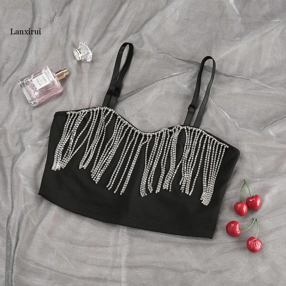 

Блестящий топ-бюстье в стиле пэчворк с бриллиантами и кисточками, вечерний Топ для ночного клуба, лето 2020, блестящий укороченный топ с откры...